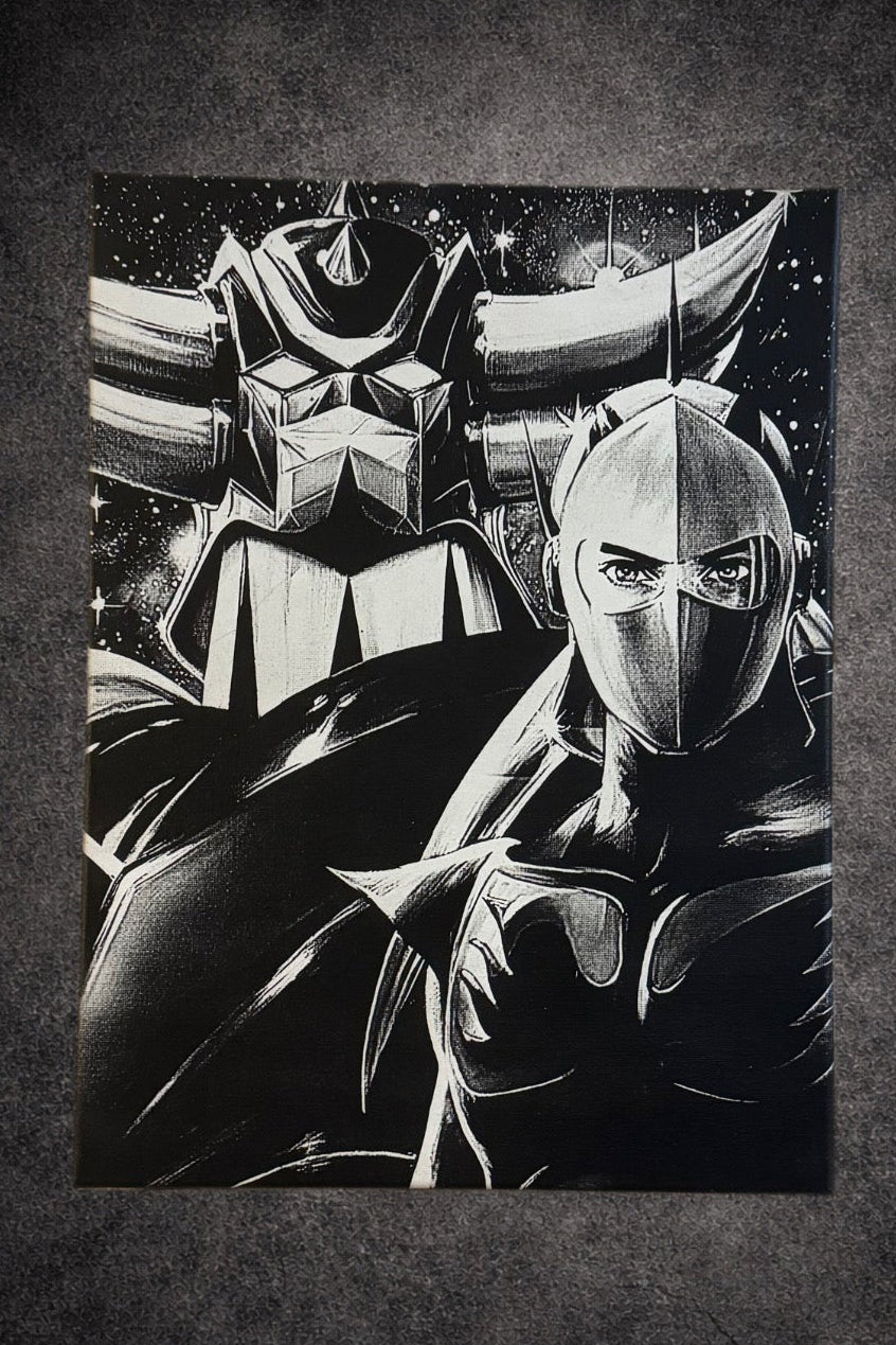 Tableau rétro manga noir et blanc – Robot géant & pilote masqué – Toile murale 30x40 cm - DesignRomArt