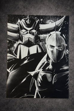 Tableau rétro manga noir et blanc – Robot géant & pilote masqué – Toile murale 30x40 cm