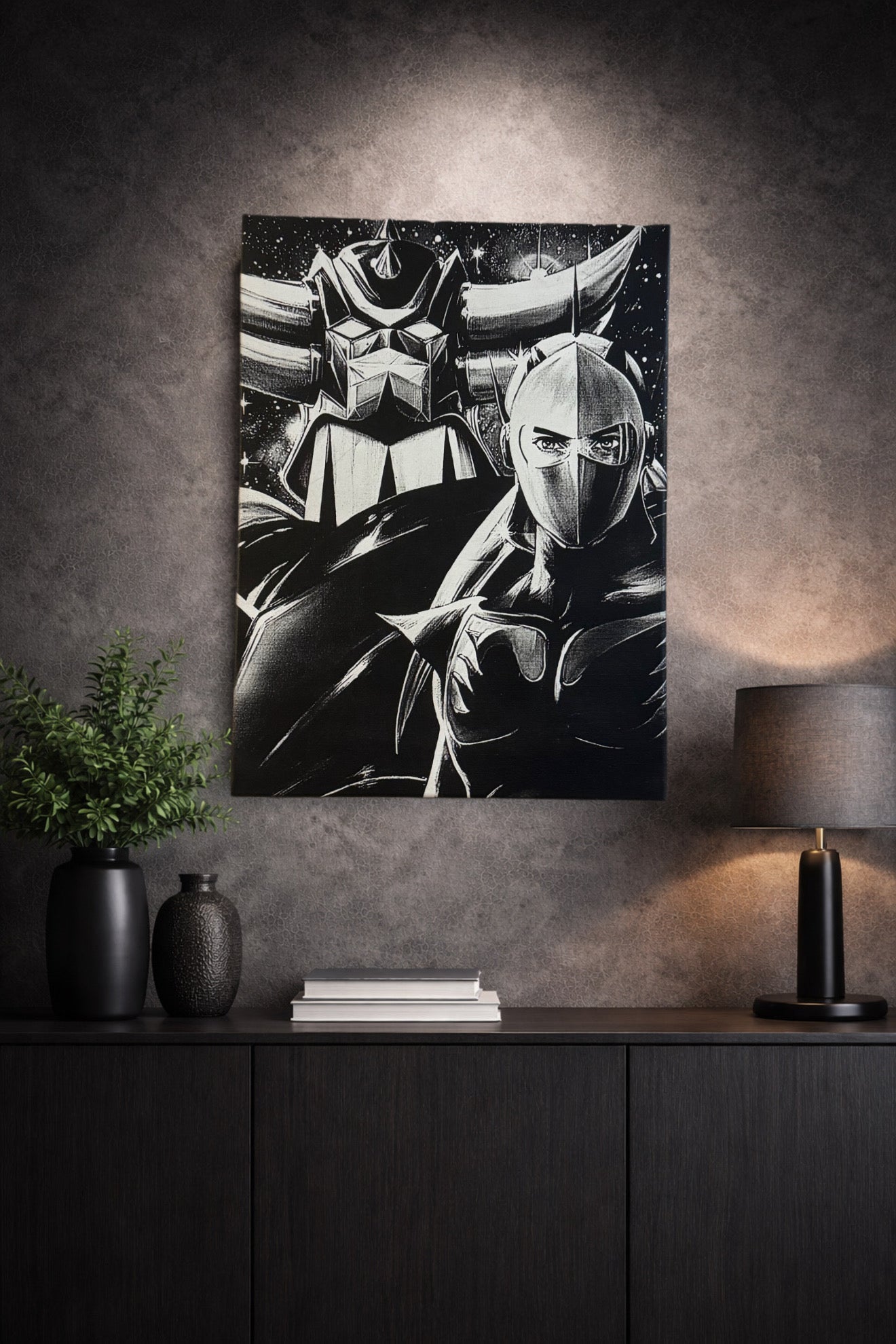 Tableau rétro manga noir et blanc – Robot géant & pilote masqué – Toile murale 30x40 cm - DesignRomArt
