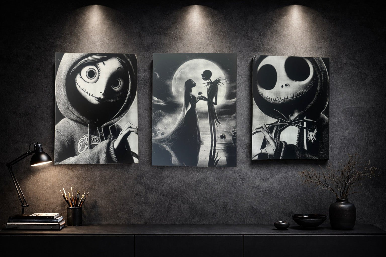 Tableau romantique gothique noir et blanc – Couple sous la lune – Toile murale 30x40 cm - DesignRomArt