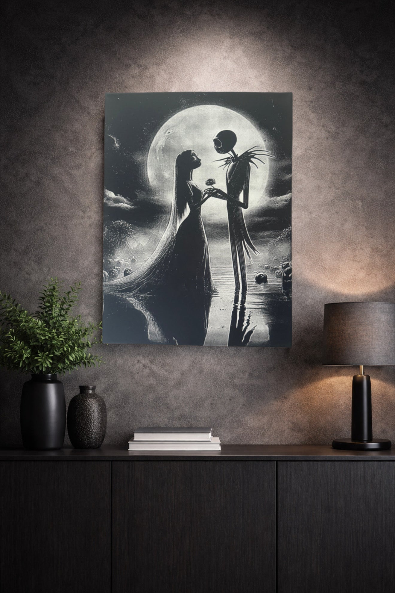 Tableau romantique gothique noir et blanc – Couple sous la lune – Toile murale 30x40 cm - DesignRomArt