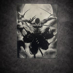 Tableau samouraï attaque aérienne sous pleine lune noir et blanc