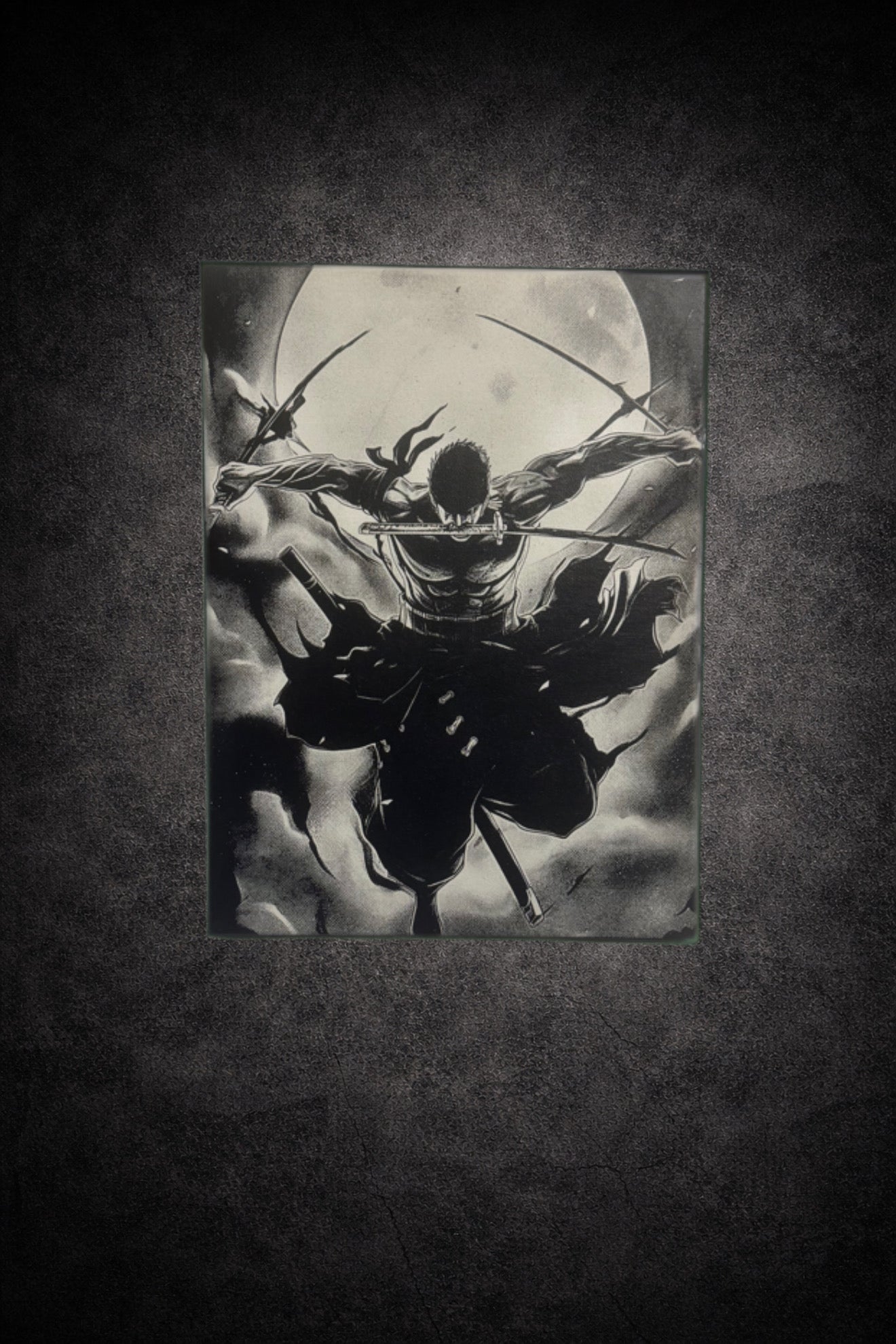 Tableau samouraï attaque aérienne sous pleine lune noir et blanc