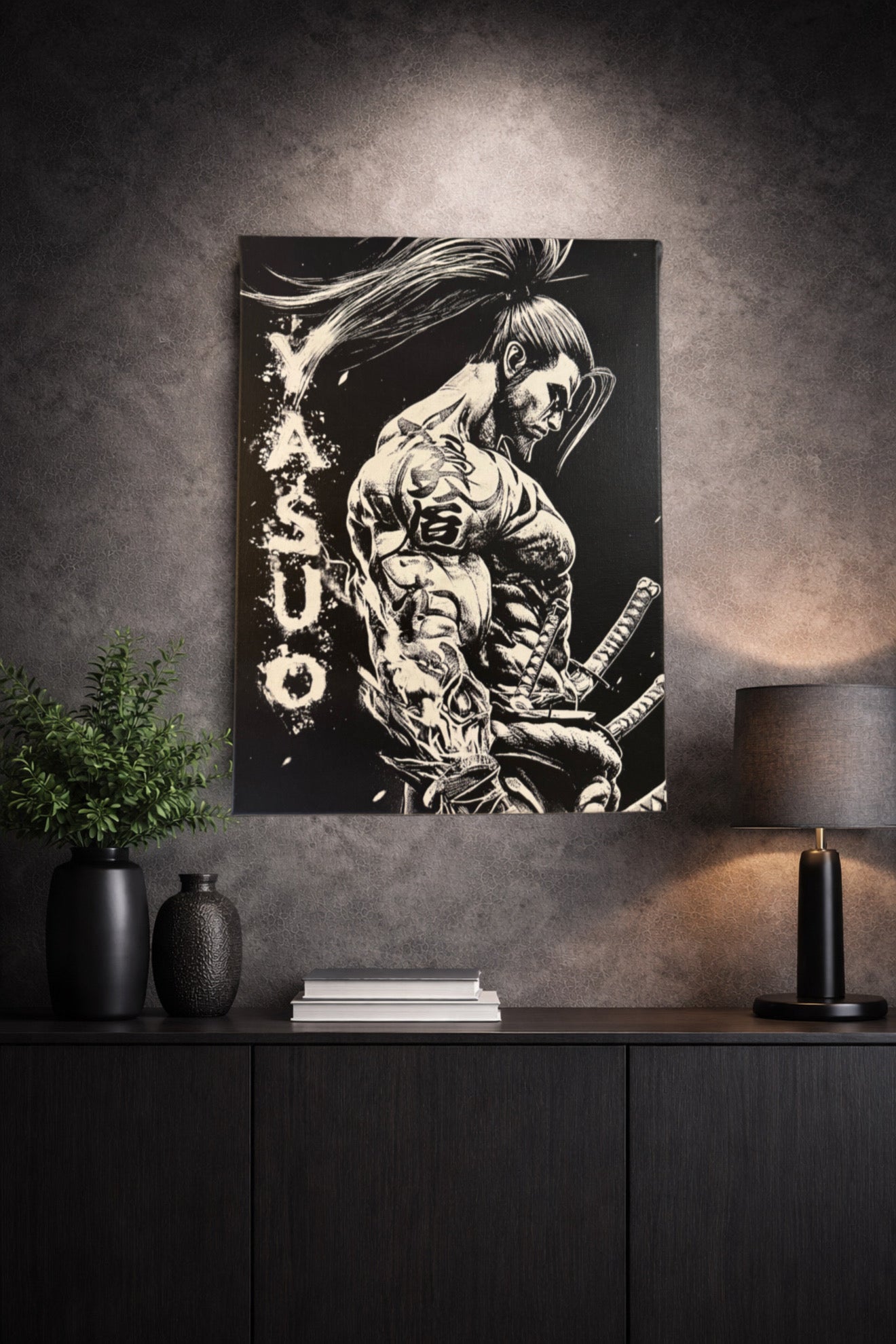 Tableau samouraï noir et blanc dans un salon moderne décoration murale