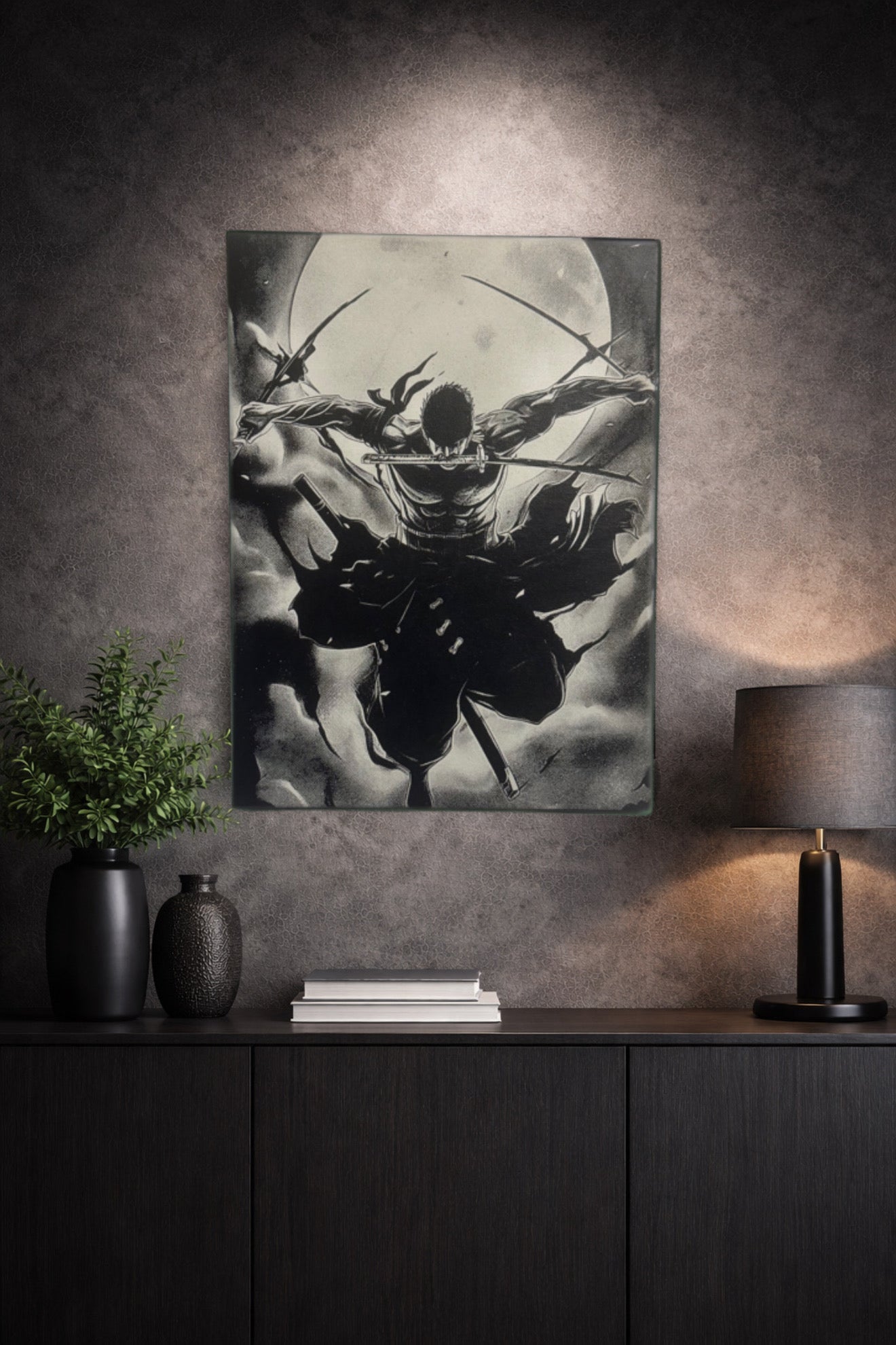 Tableau samouraï en attaque aérienne sous pleine lune style épique noir et blanc décoration murale 30x40 cm - DesignRomArt