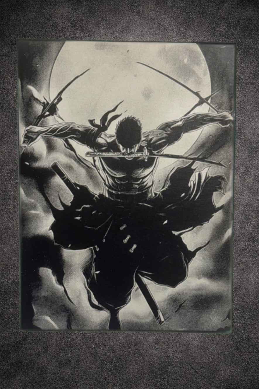 Tableau samouraï en attaque aérienne sous pleine lune style épique noir et blanc décoration murale 30x40 cm - DesignRomArt