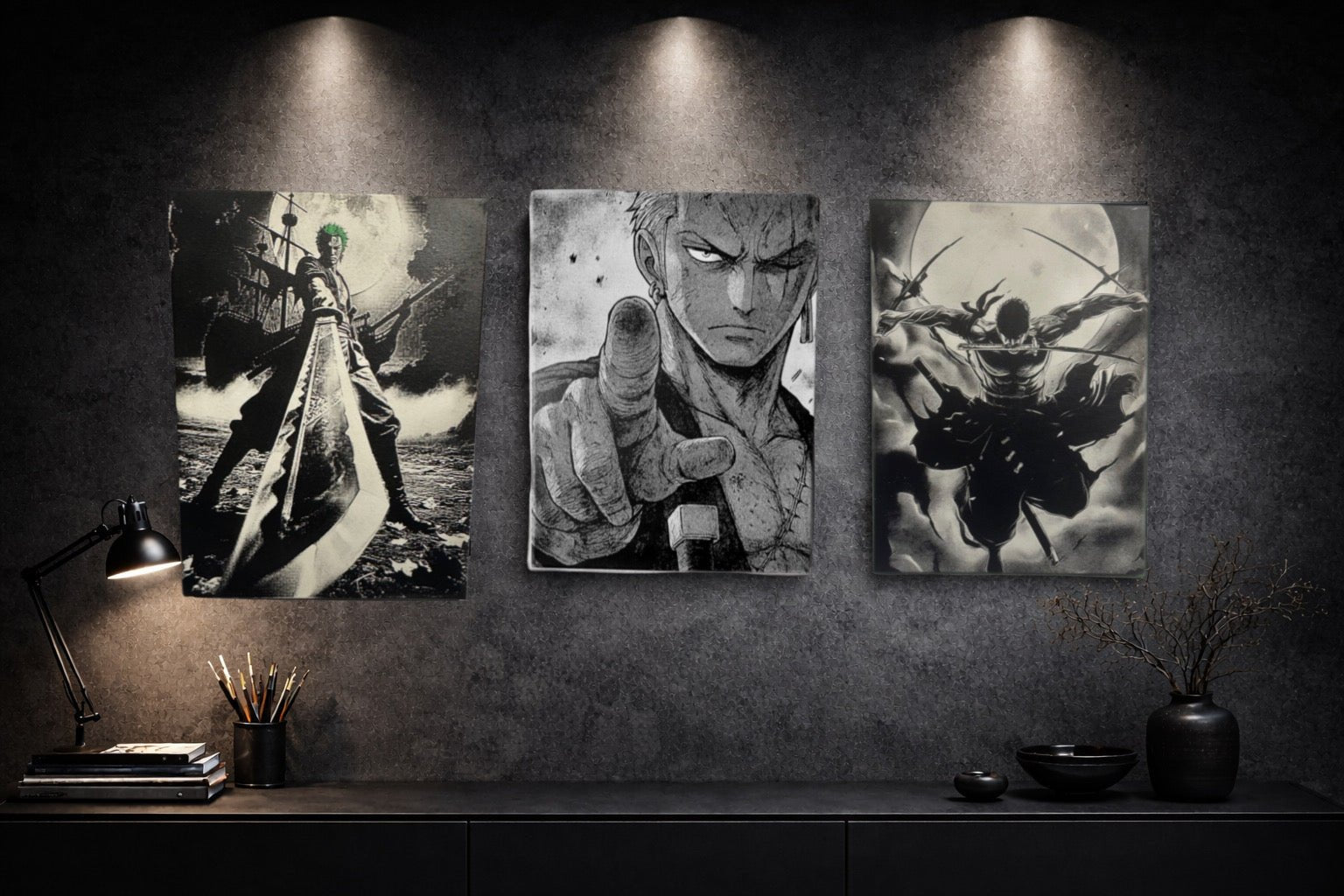 Tableau samouraï en attaque aérienne sous pleine lune style épique noir et blanc décoration murale 30x40 cm - DesignRomArt