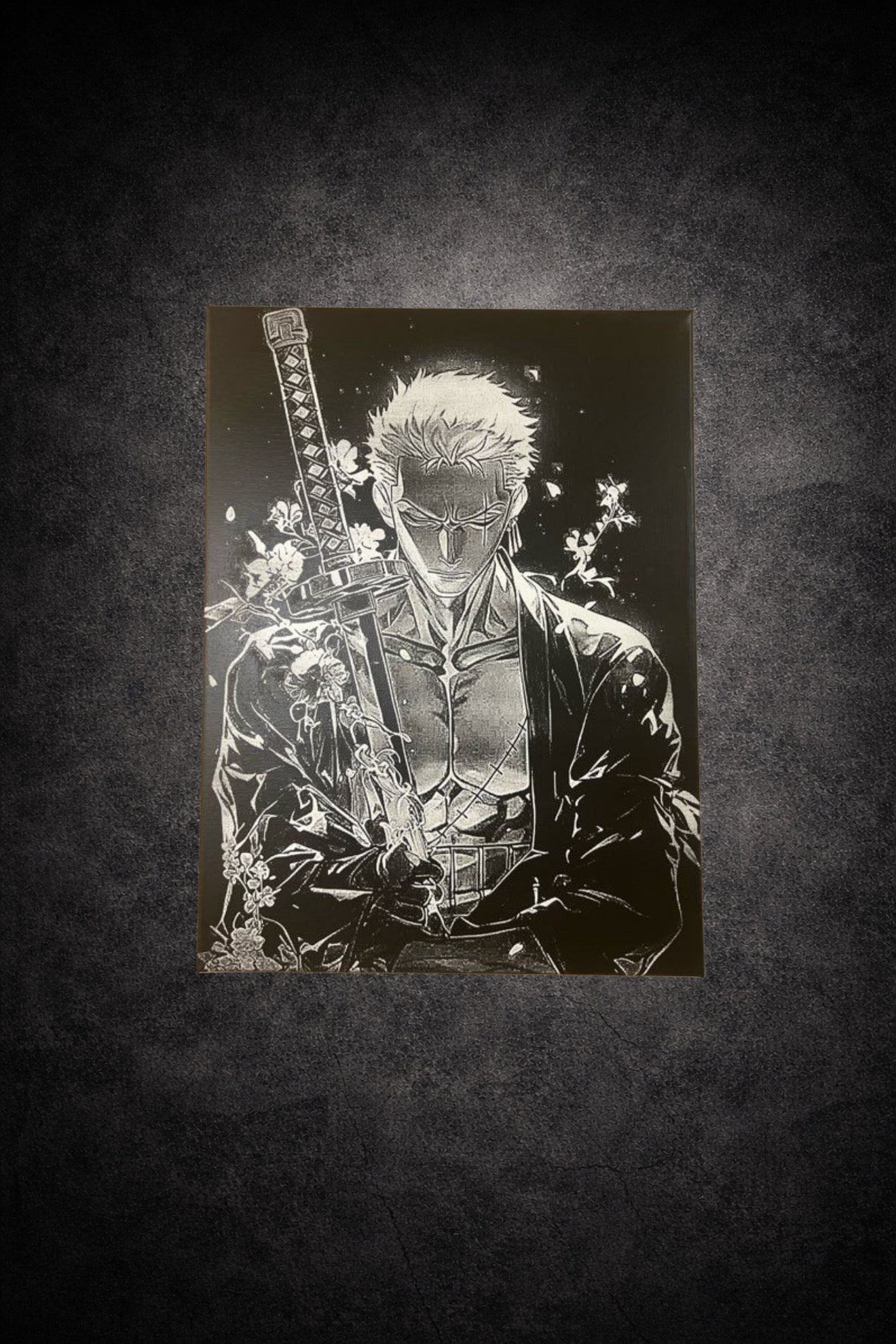 Tableau samouraï tenant son katana noir et blanc épique