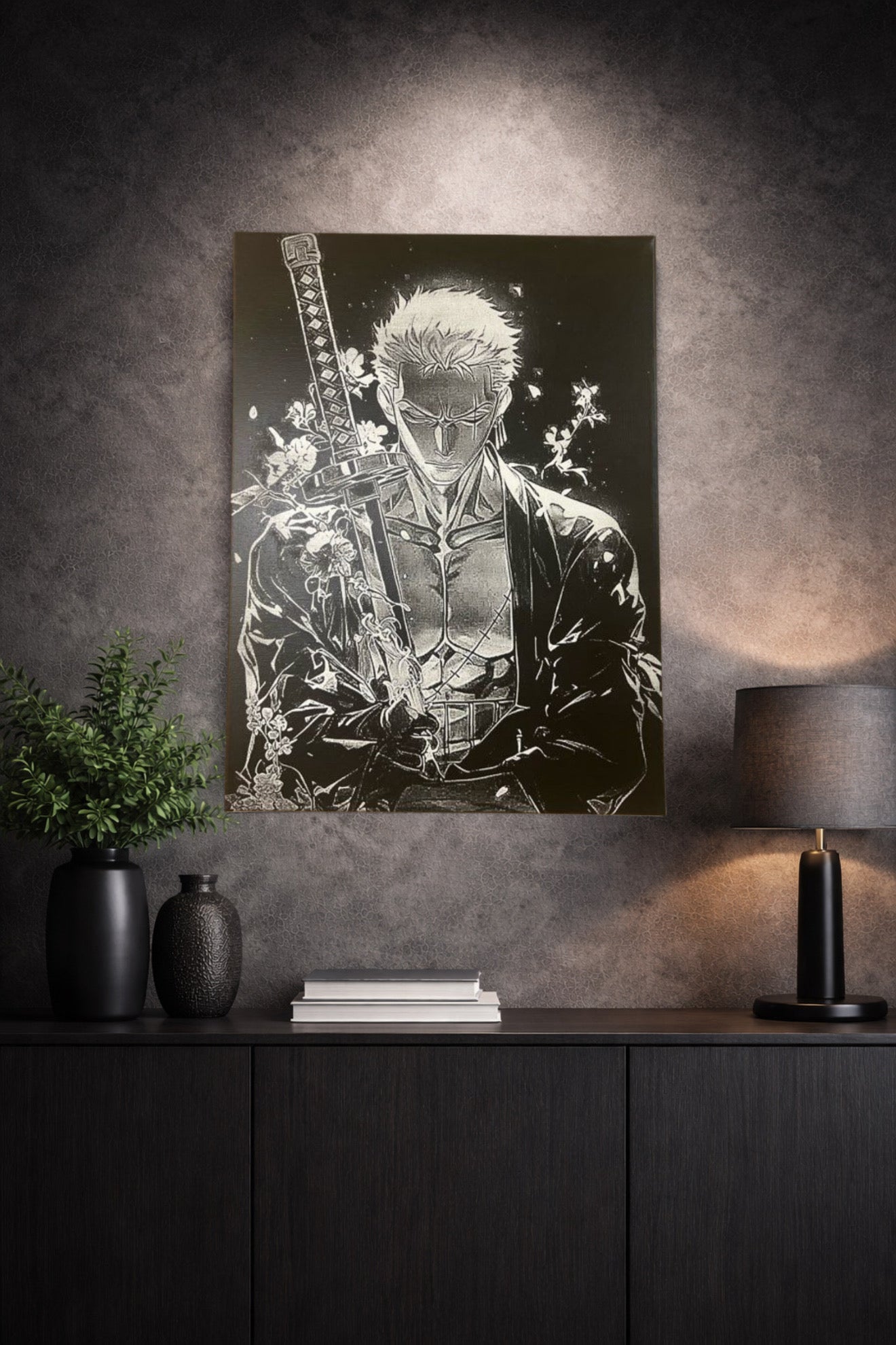 Tableau samouraï stoïque tenant son katana style épique noir et blanc décoration murale 30x40 cm - DesignRomArt