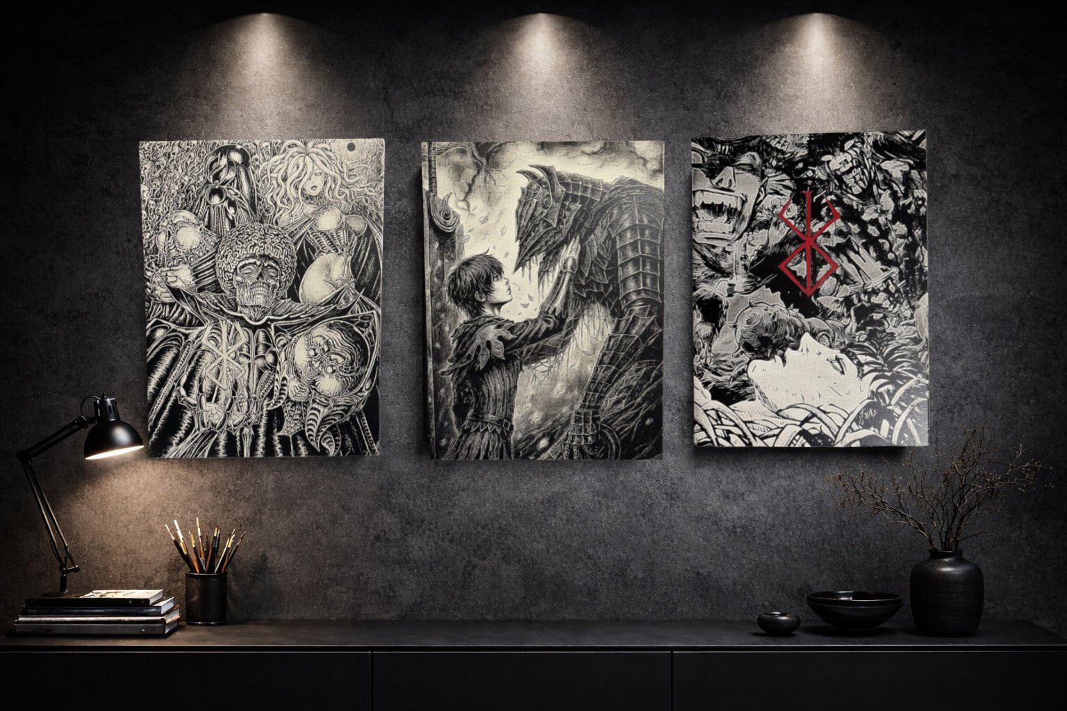 Tableau scène apocalyptique avec créatures déchaînées et symbole du destin – univers sombre épique noir et blanc – décoration murale 30x40 cm - DesignRomArt