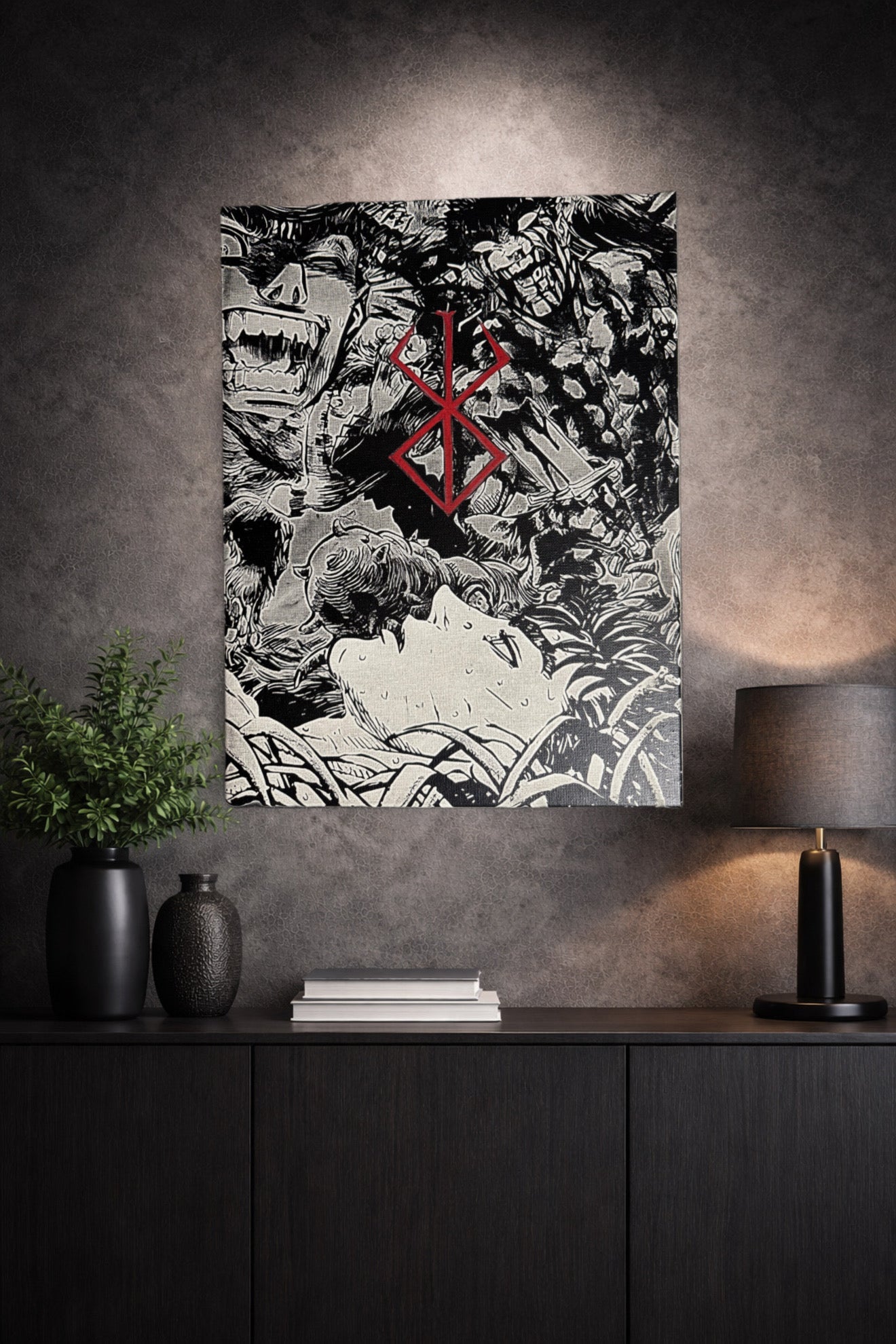 Tableau scène apocalyptique avec créatures déchaînées et symbole du destin – univers sombre épique noir et blanc – décoration murale 30x40 cm - DesignRomArt