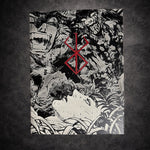 Tableau scène apocalyptique avec créatures déchaînées et symbole du destin – univers sombre épique noir et blanc – décoration murale 30x40 cm - DesignRomArt