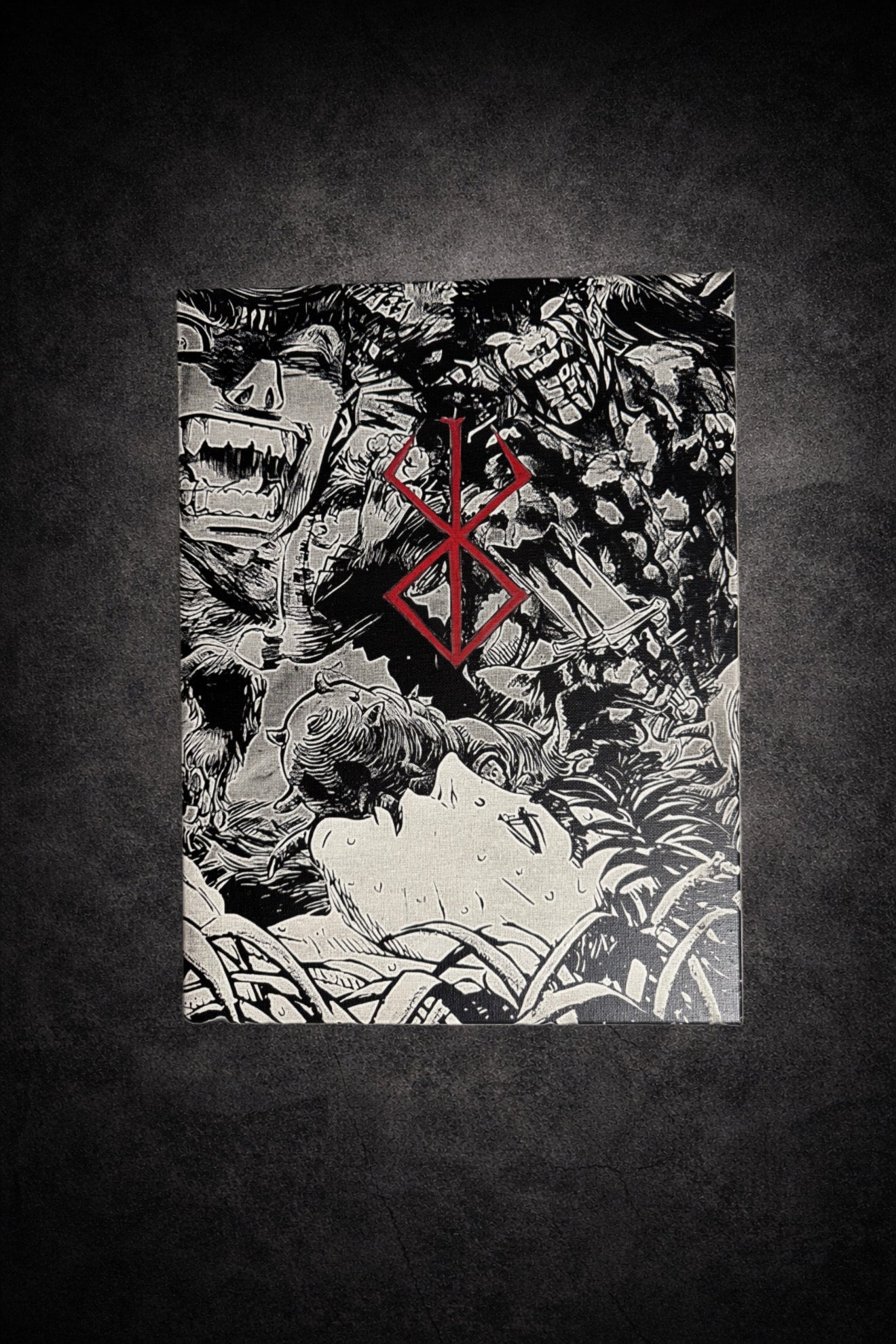 Tableau scène apocalyptique avec créatures déchaînées et symbole du destin – univers sombre épique noir et blanc – décoration murale 30x40 cm - DesignRomArt
