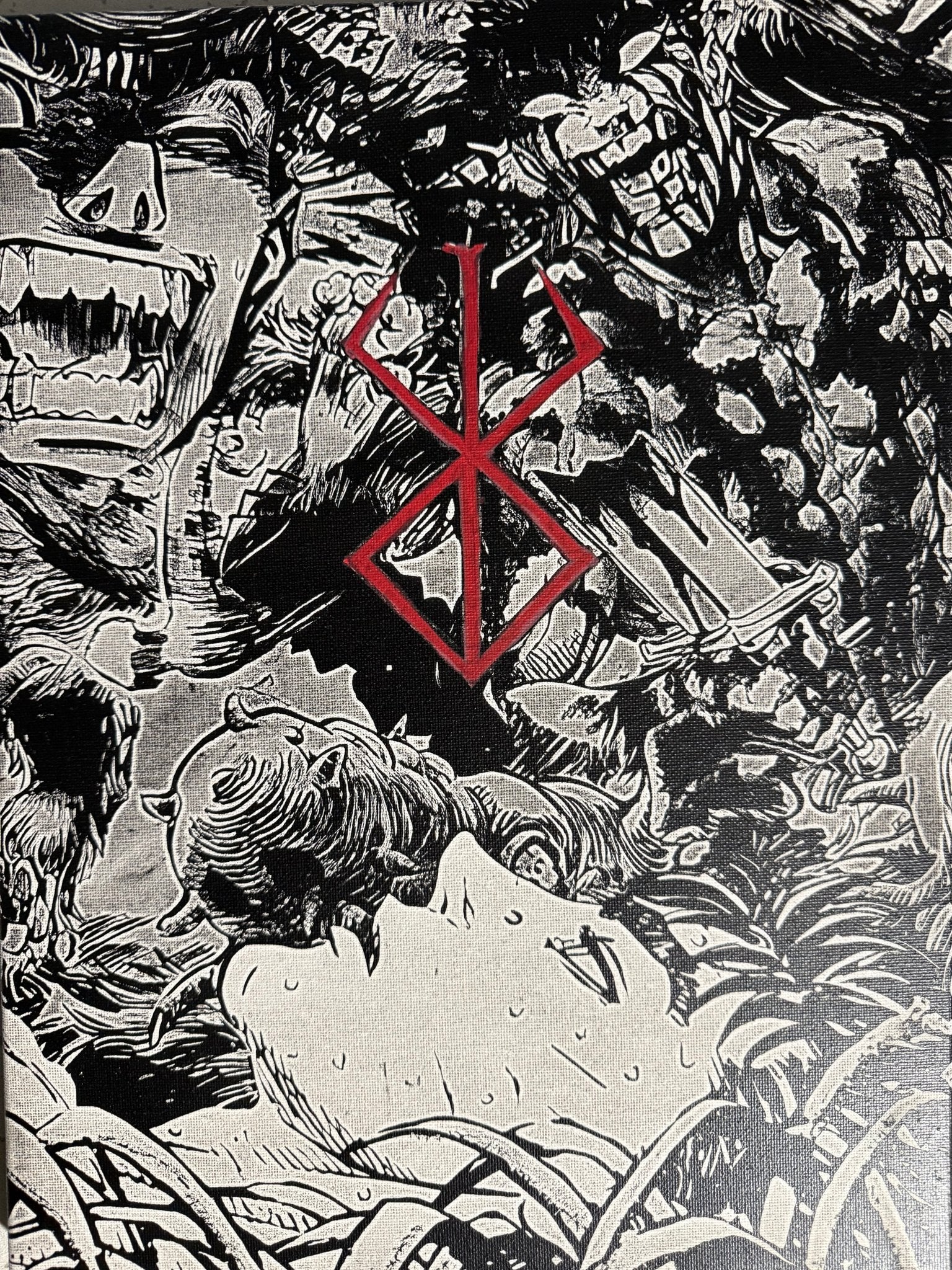 Tableau scène apocalyptique avec créatures déchaînées et symbole du destin – univers sombre épique noir et blanc – décoration murale 30x40 cm - DesignRomArt