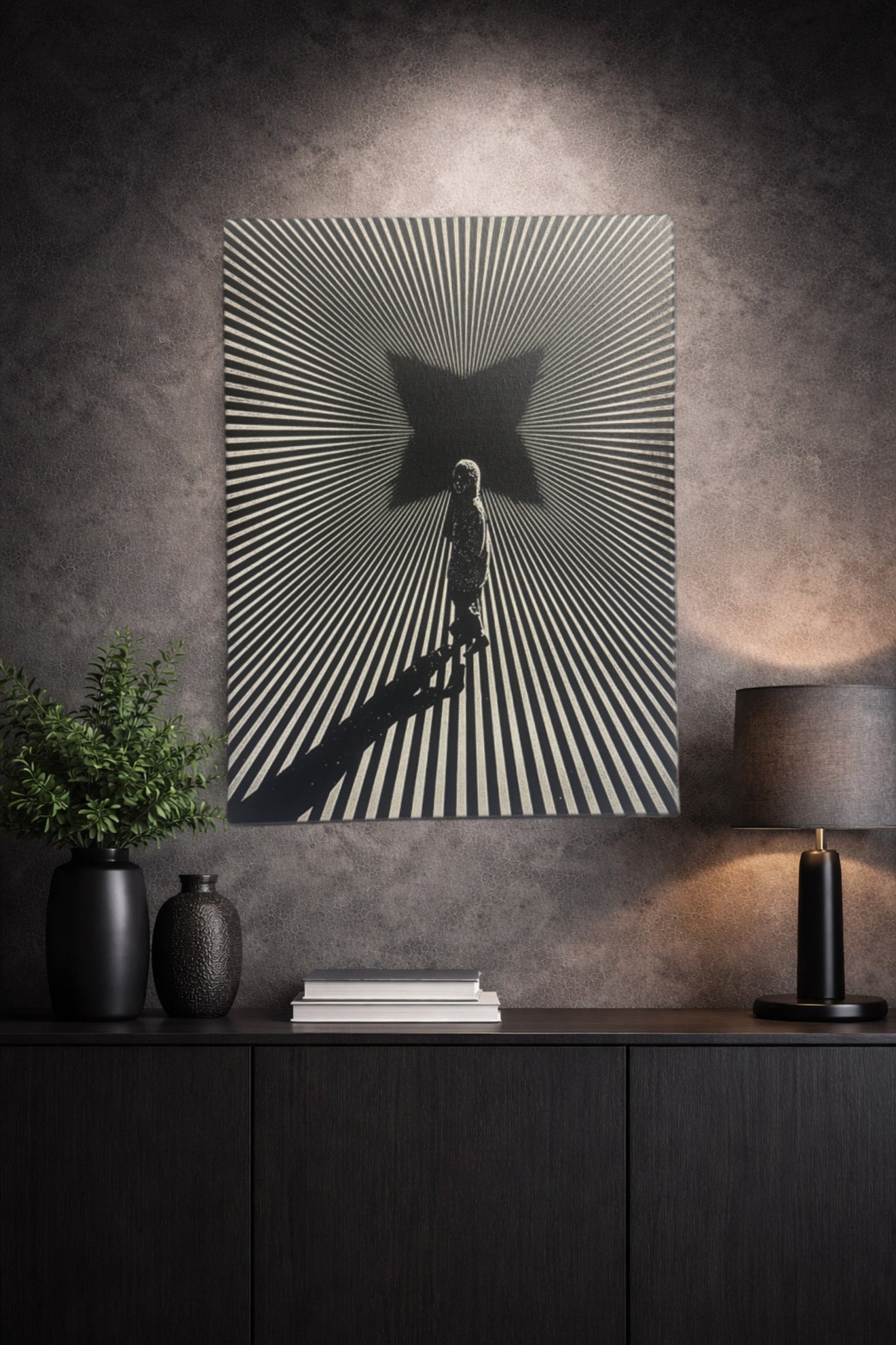 Tableau silhouette dans un couloir d’illusion infinie et profondeur hypnotique noir et blanc – décoration murale moderne 30x40 cm - DesignRomArt