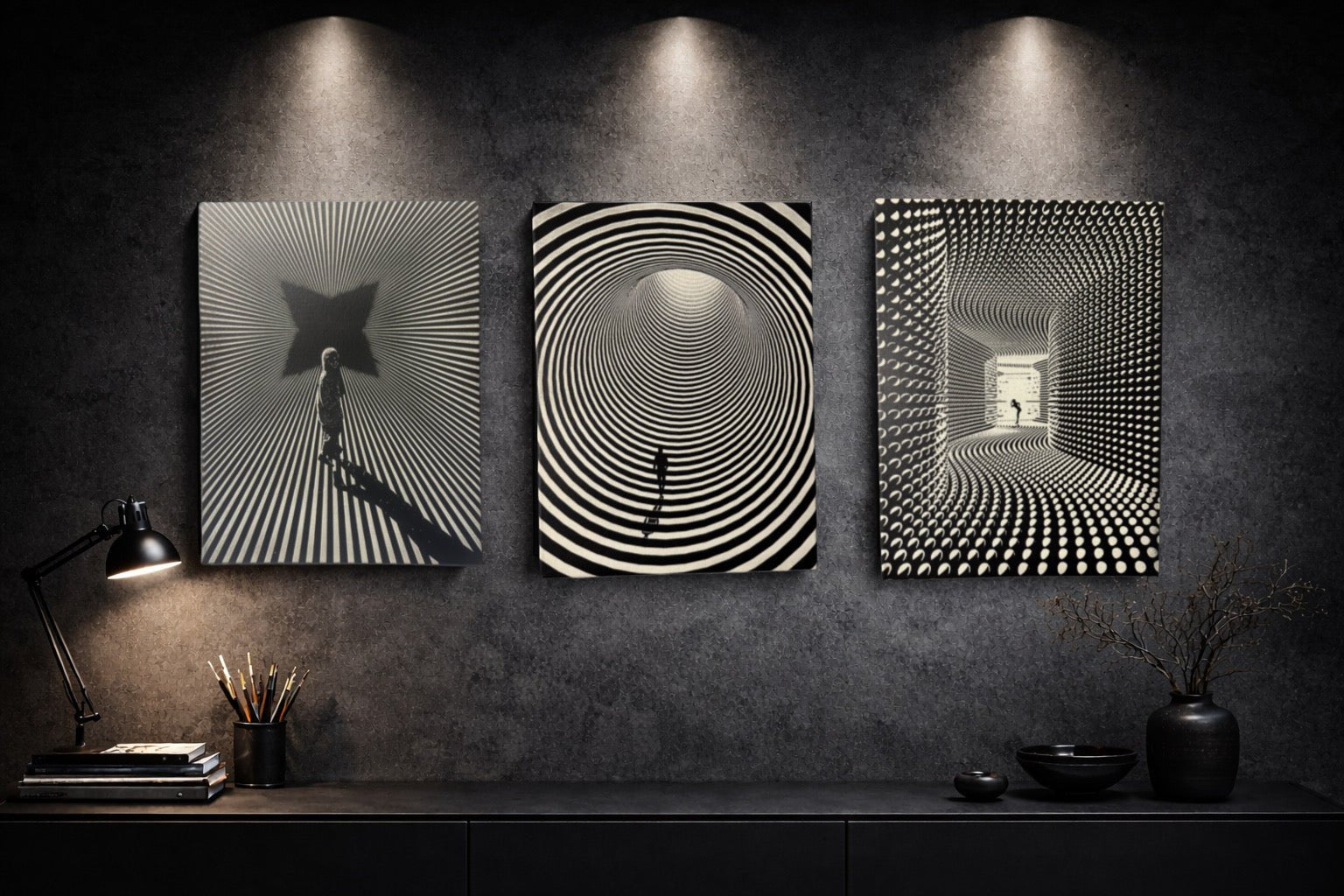 Tableau silhouette dans un tunnel d’illusion circulaire infinie et spirale de profondeur noir et blanc – décoration murale moderne 30x40 cm - DesignRomArt