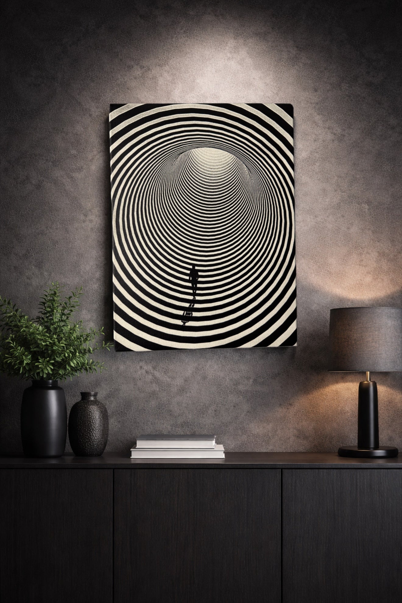 Tableau silhouette dans un tunnel d’illusion circulaire infinie et spirale de profondeur noir et blanc – décoration murale moderne 30x40 cm - DesignRomArt