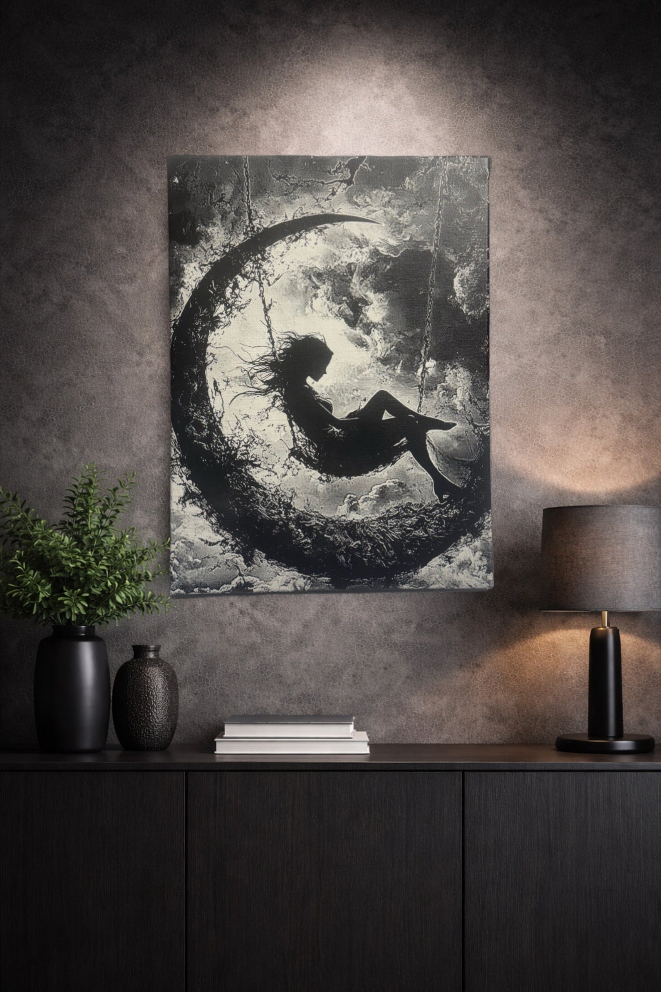 Tableau silhouette féminine suspendue dans un cercle d’ombre noir et blanc décoration murale 30x40 cm - DesignRomArt