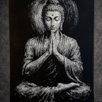 Tableau silhouette méditation spirituelle halo lumineux noir et blanc décoration murale 30x40 cm - DesignRomArt