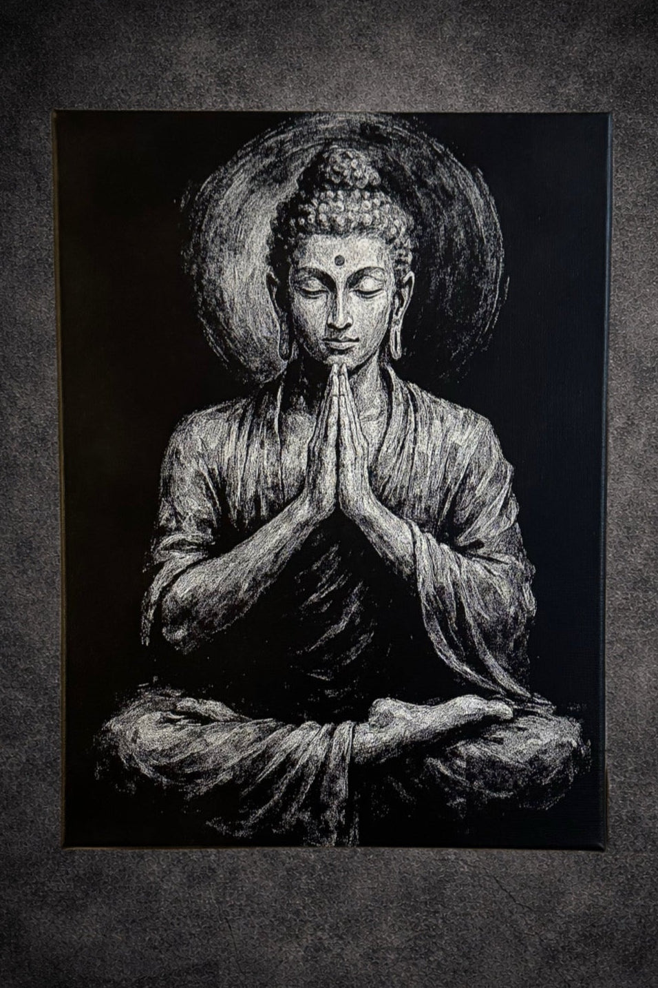 Tableau silhouette méditation spirituelle halo lumineux noir et blanc décoration murale 30x40 cm - DesignRomArt