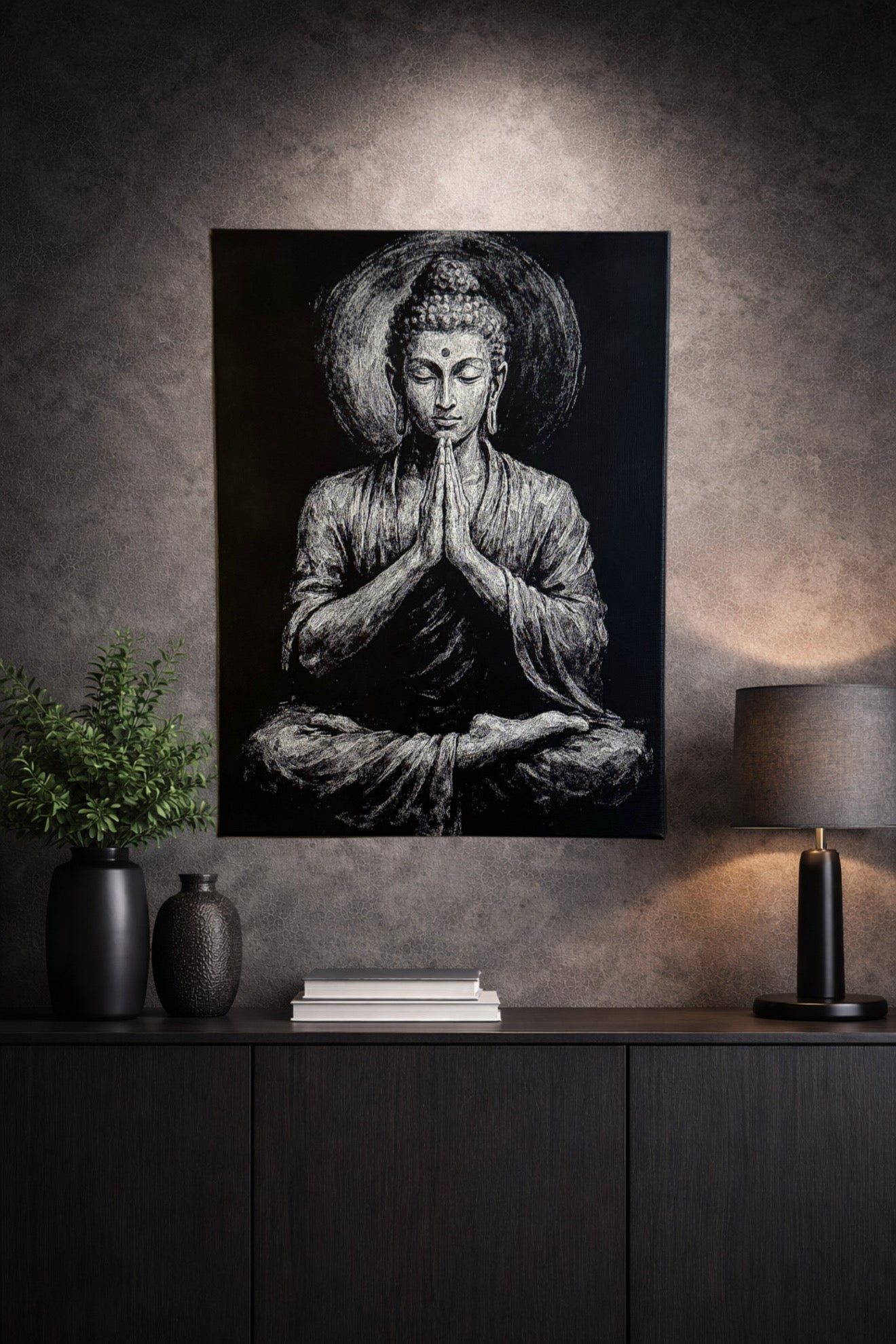 Tableau silhouette méditation spirituelle halo lumineux noir et blanc décoration murale 30x40 cm - DesignRomArt