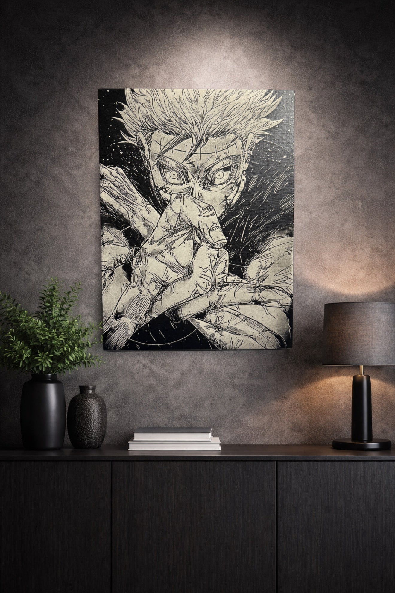 Tableau sorcier mystique énergie occulte univers manga sombre noir et blanc décoration murale 30x40 cm - DesignRomArt