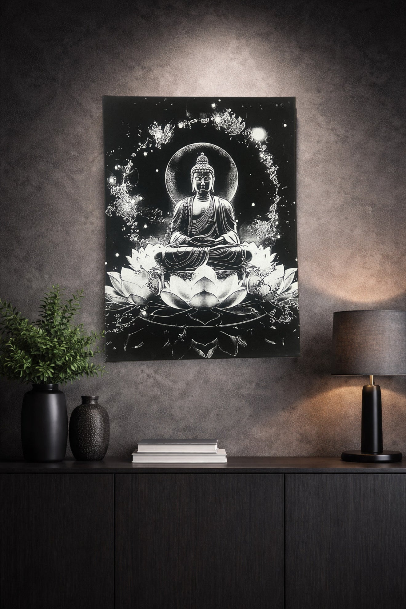 Tableau mural méditation lotus noir et blanc dans intérieur zen moderne