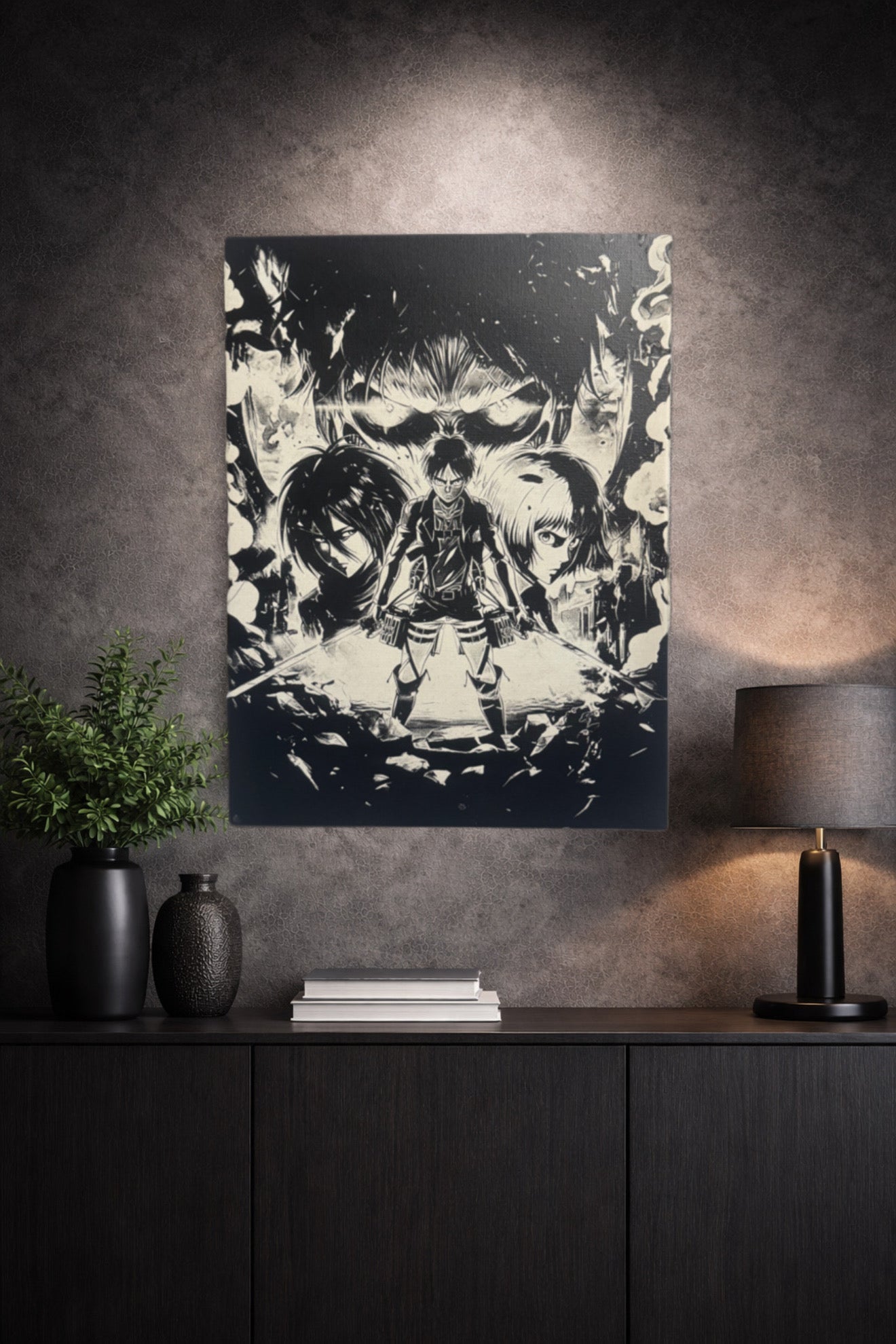 Tableau trio de guerriers face à menace géante épique décoration murale 30x40 cm - DesignRomArt