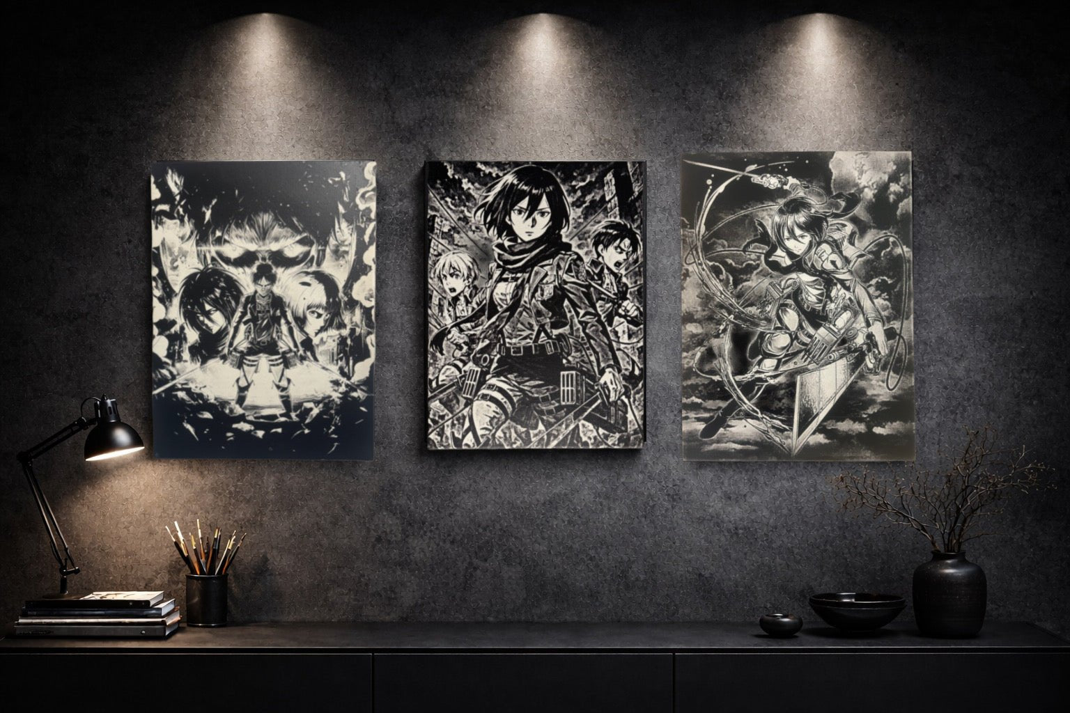 Tableau trio de guerriers face à menace géante épique décoration murale 30x40 cm - DesignRomArt