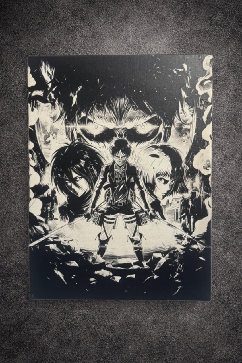 Tableau trio de guerriers face à menace géante épique décoration murale 30x40 cm - DesignRomArt