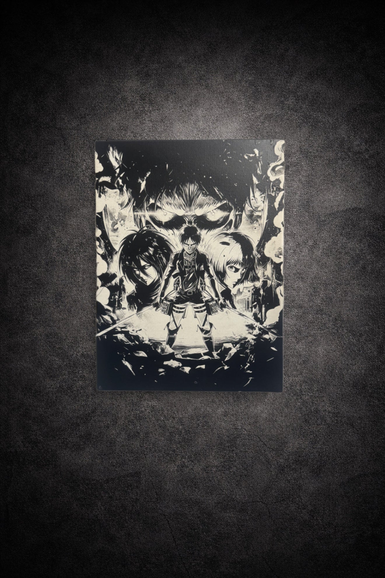 Tableau noir et blanc trio de guerriers face à une menace géante épique