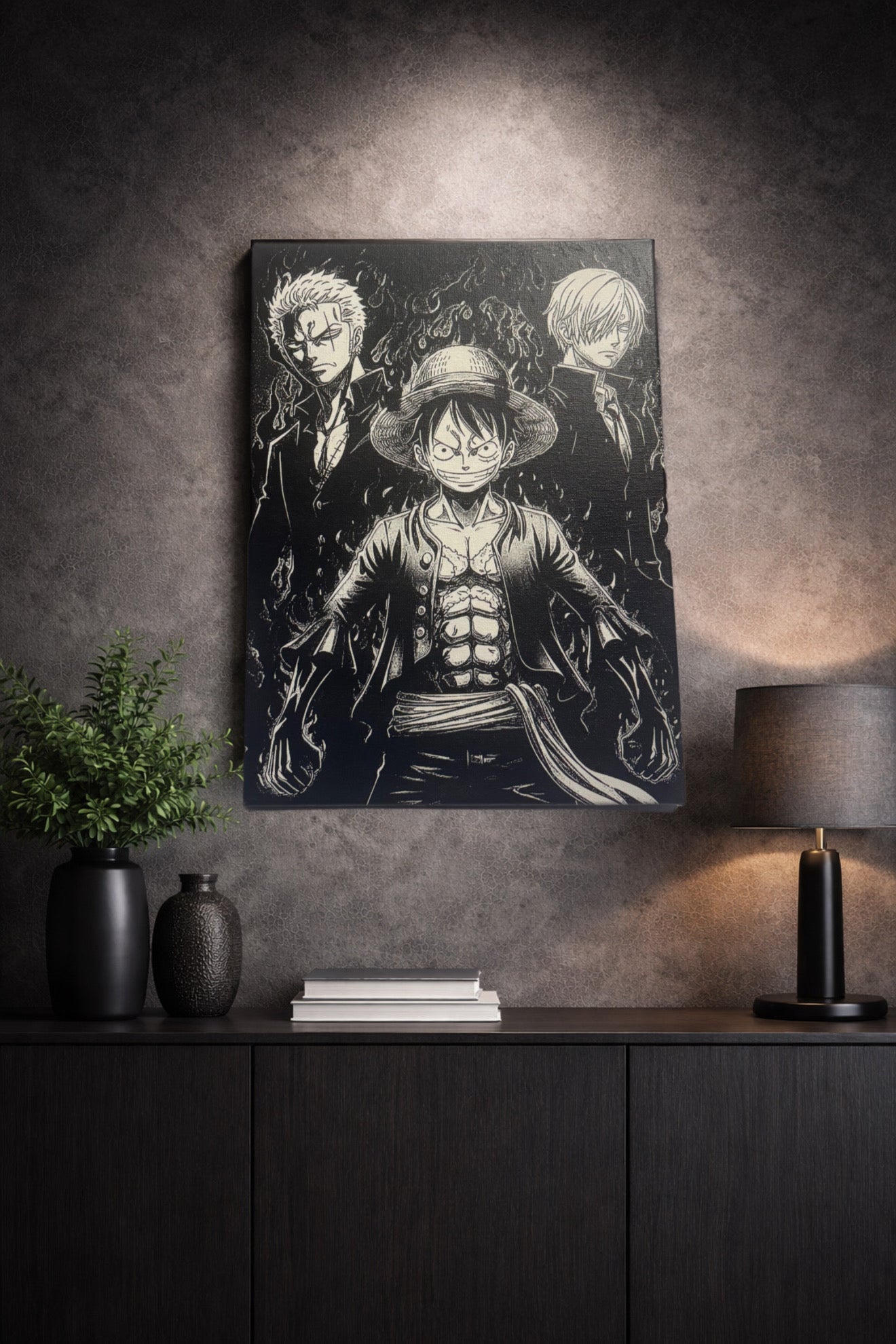 Tableau trio pirates capitaines style manga décoration murale noir et blanc 30x40 cm - DesignRomArt