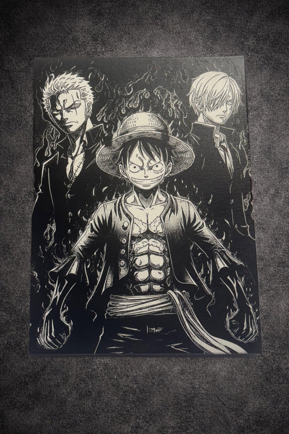 Tableau trio pirates capitaines style manga décoration murale noir et blanc 30x40 cm - DesignRomArt
