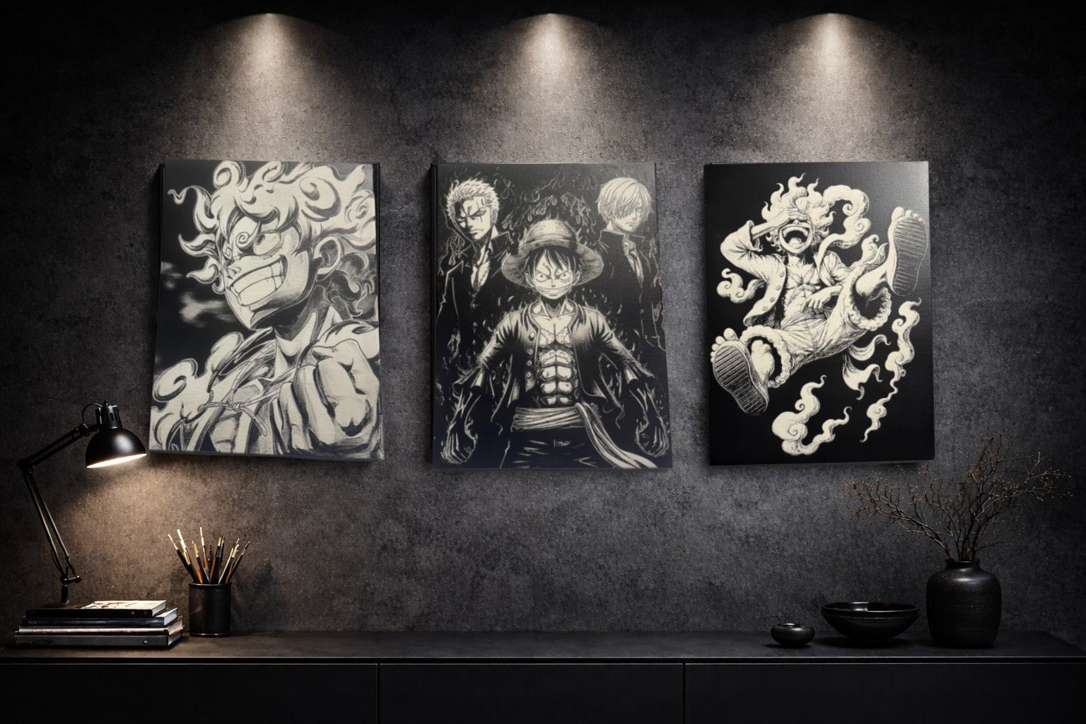 Tableau trio pirates capitaines style manga décoration murale noir et blanc 30x40 cm - DesignRomArt