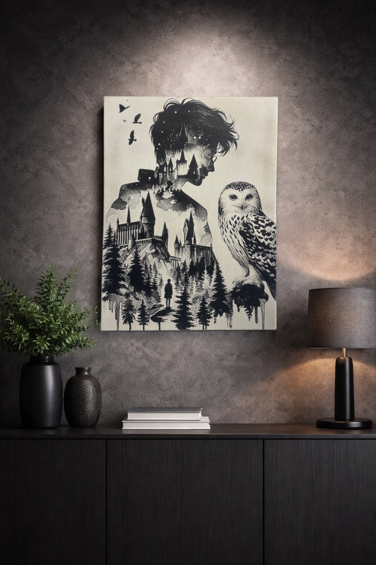 Tableau univers magie et sorcellerie noir et blanc – Château, hibou et personnage – Décoration murale 30x40 cm - DesignRomArt