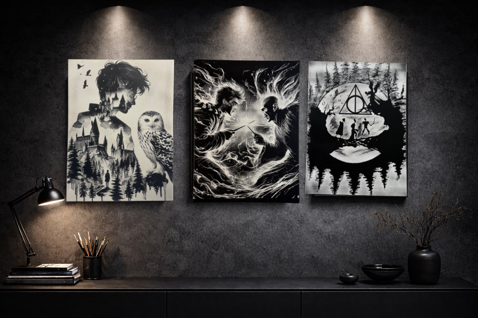 Tableau univers magique sombre – silhouettes, symbole mystique et forêt – décoration murale 30x40 cm - DesignRomArt