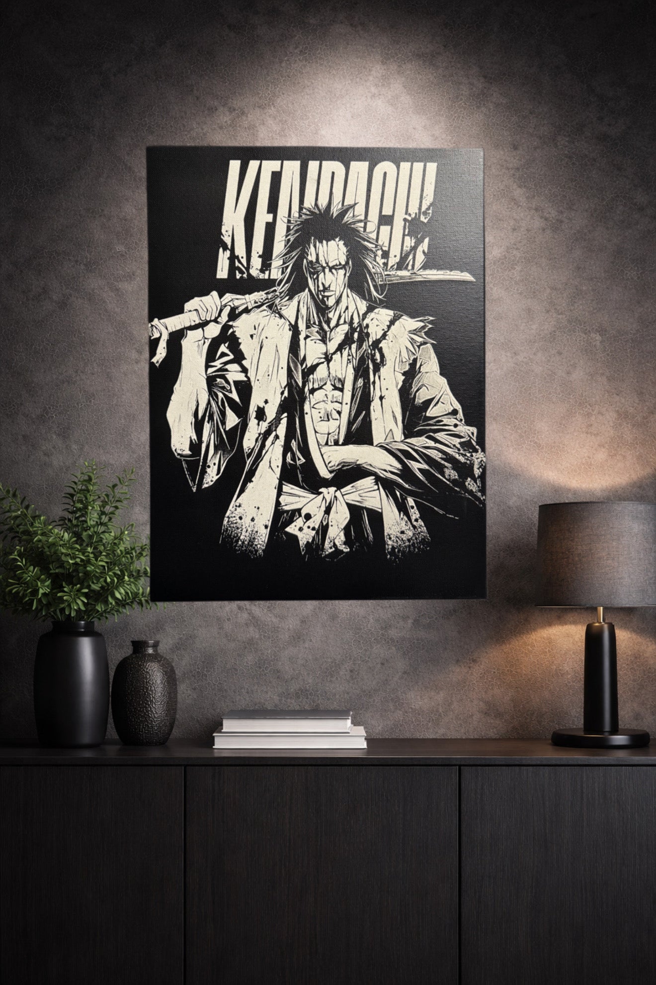 Tableau graphique noir et blanc dans un univers de samouraï