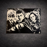 Tableau univers sorcellerie et magie – trio de jeunes sorciers – décoration murale 30x40 cm - DesignRomArt