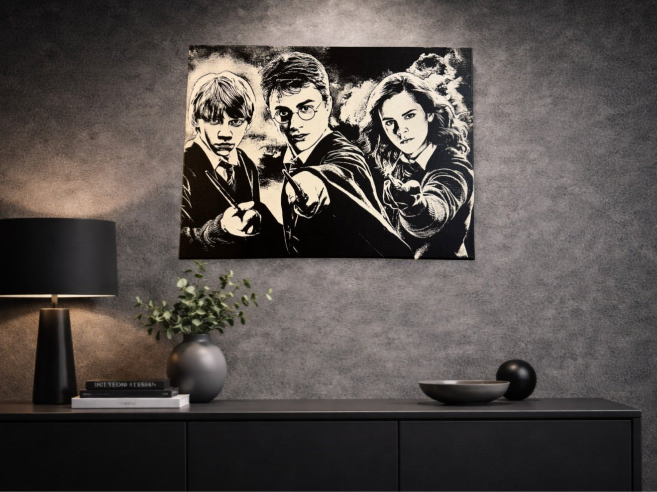 Tableau univers sorcellerie et magie – trio de jeunes sorciers – décoration murale 30x40 cm - DesignRomArt