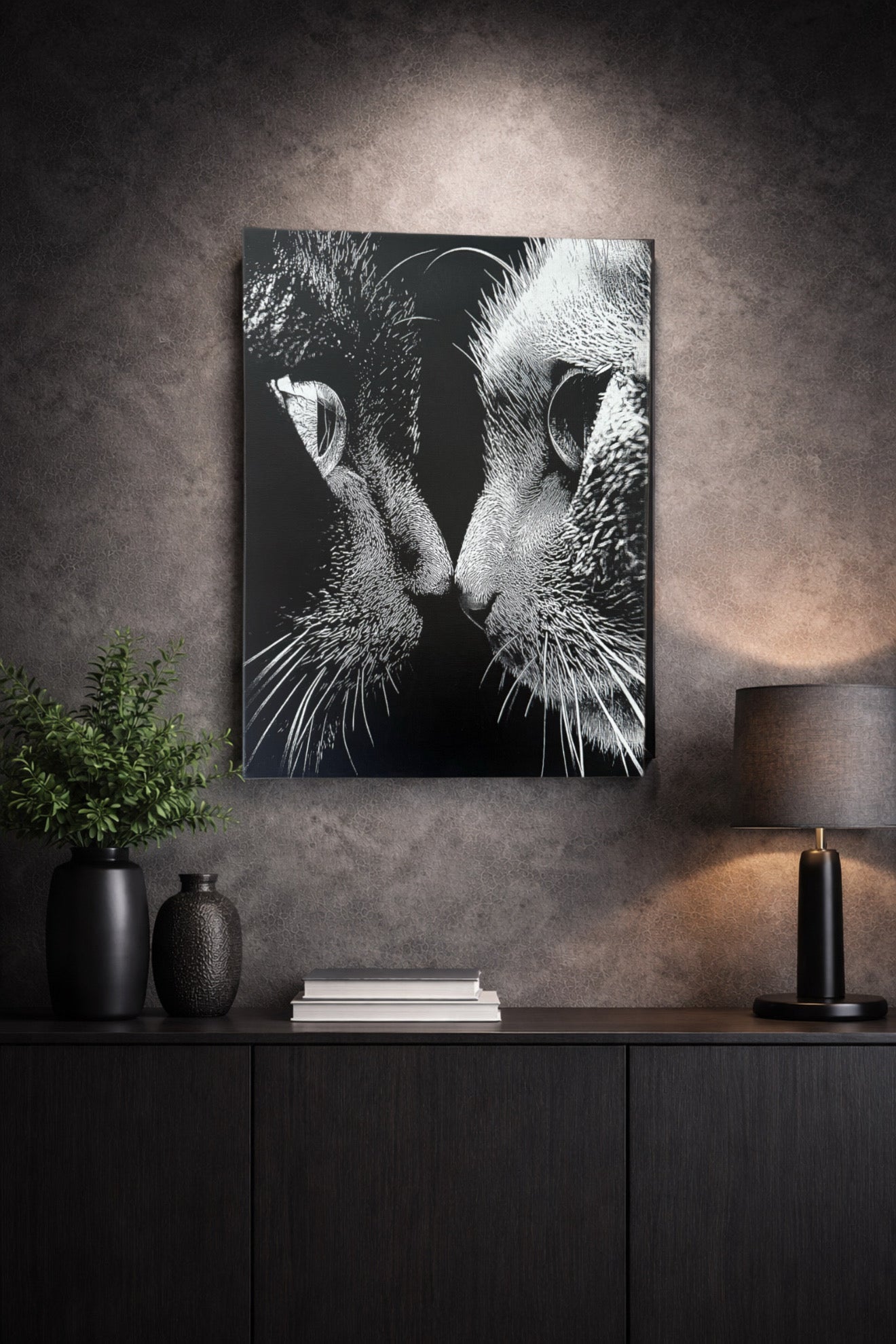 Tableau visage de chat en gros plan intense – décoration murale moderne noir et blanc 30x40 cm - DesignRomArt