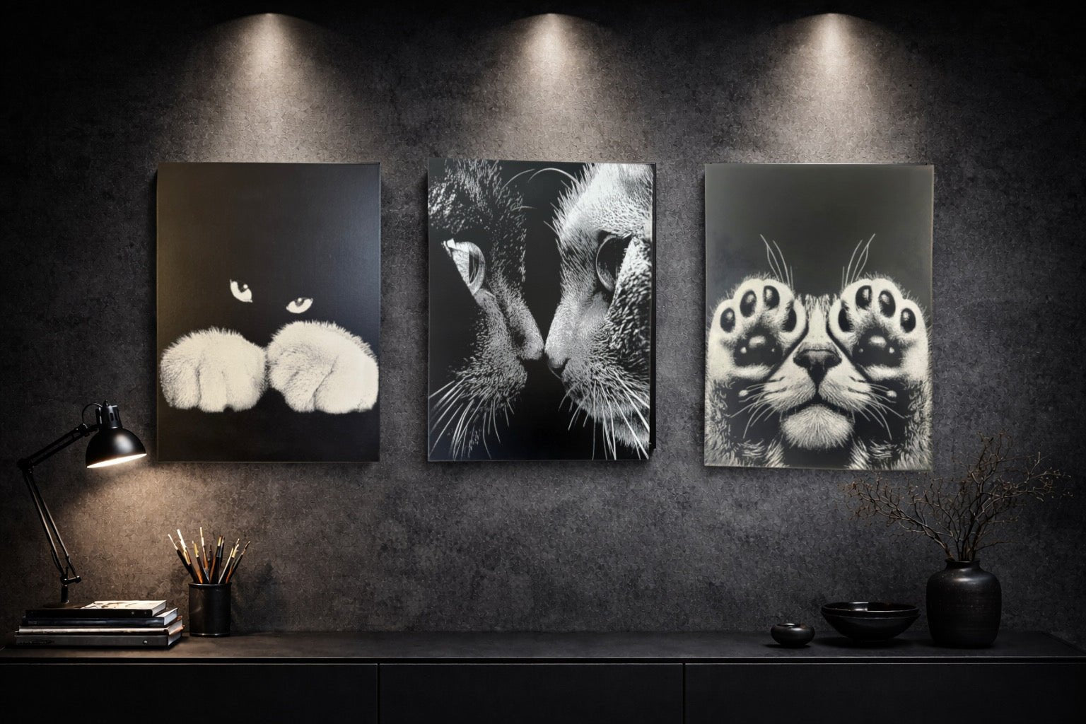 Tableau visage de chat en gros plan intense – décoration murale moderne noir et blanc 30x40 cm - DesignRomArt