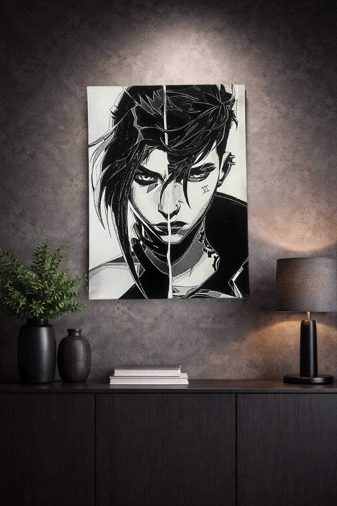 Tableau visage guerrière scindé en dualité ambiance sombre futuriste noir et blanc décoration murale 30x40 cm - DesignRomArt