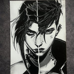 Tableau visage guerrière scindé en dualité ambiance sombre futuriste noir et blanc décoration murale 30x40 cm - DesignRomArt