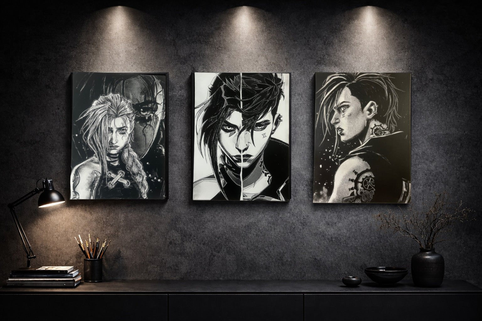 Tableau visage guerrière scindé en dualité ambiance sombre futuriste noir et blanc décoration murale 30x40 cm - DesignRomArt