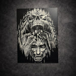 Tableau mural noir et blanc visage torturé sous entité démoniaque géante