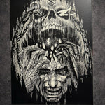 Tableau visage torturé sous entité démoniaque géante – scène psychologique sombre noir et blanc – décoration murale 30x40 cm - DesignRomArt