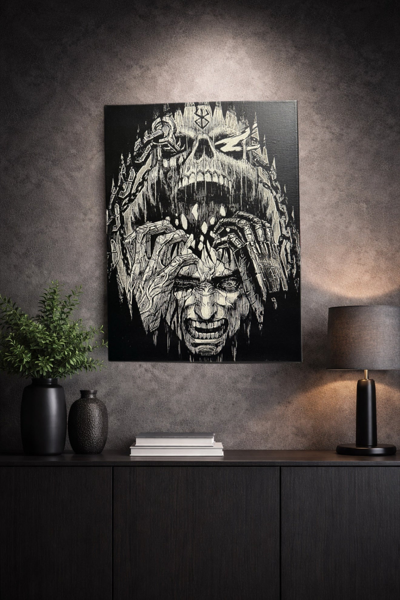 Tableau visage torturé sous entité démoniaque géante – scène psychologique sombre noir et blanc – décoration murale 30x40 cm - DesignRomArt