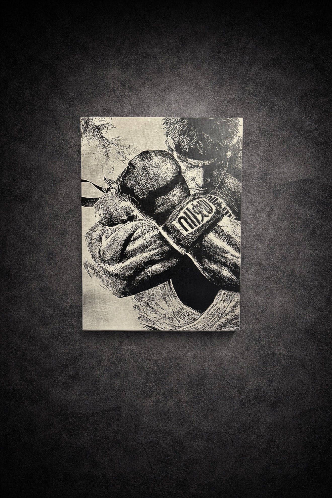 Tableau manga noir et blanc représentant un combattant concentré sur la discipline et la maîtrise martiale, art mural sur toile 30x40 cm