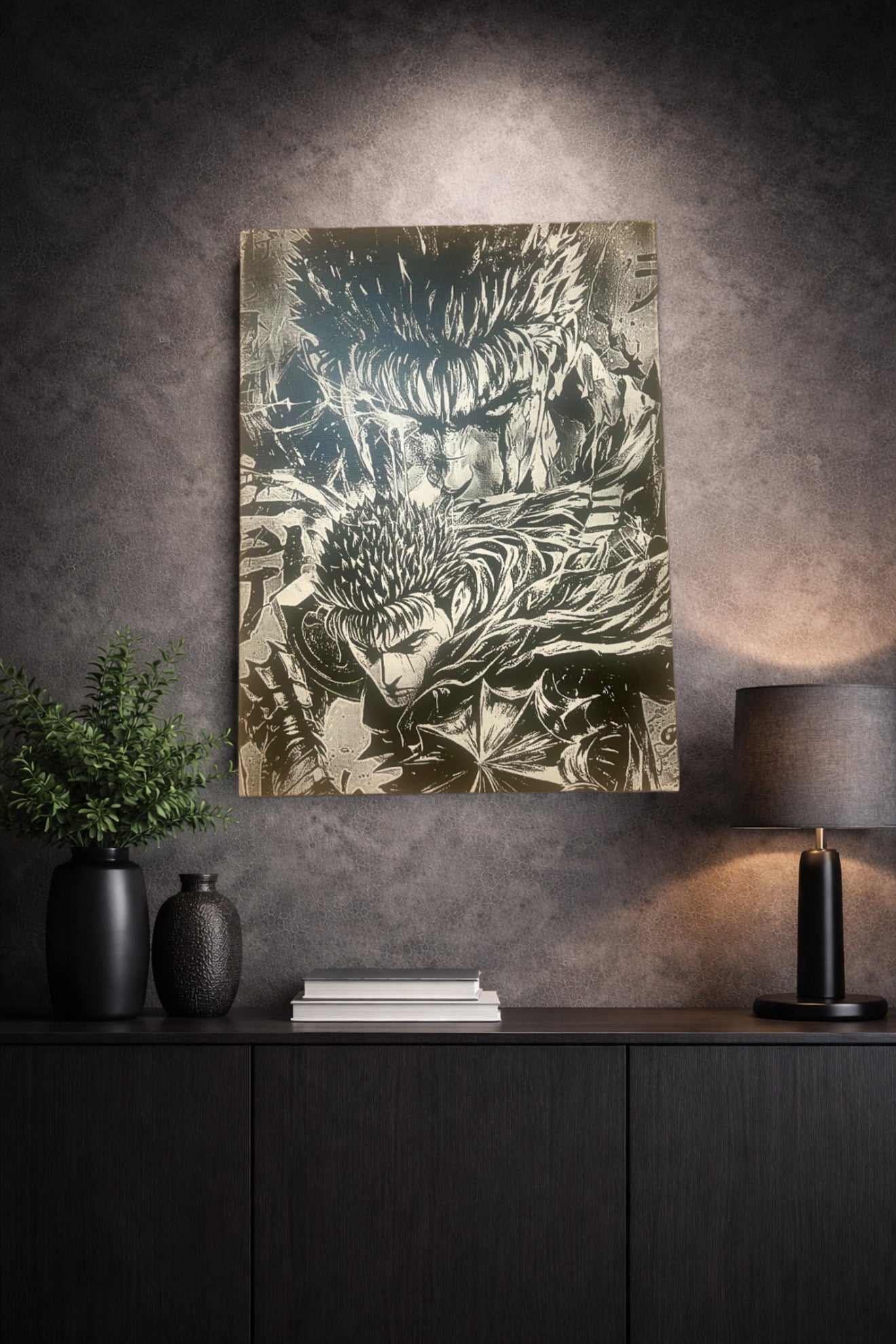 Toile manga noir et blanc dark fantasy tendue sur cadre en bois, style épique et sombre