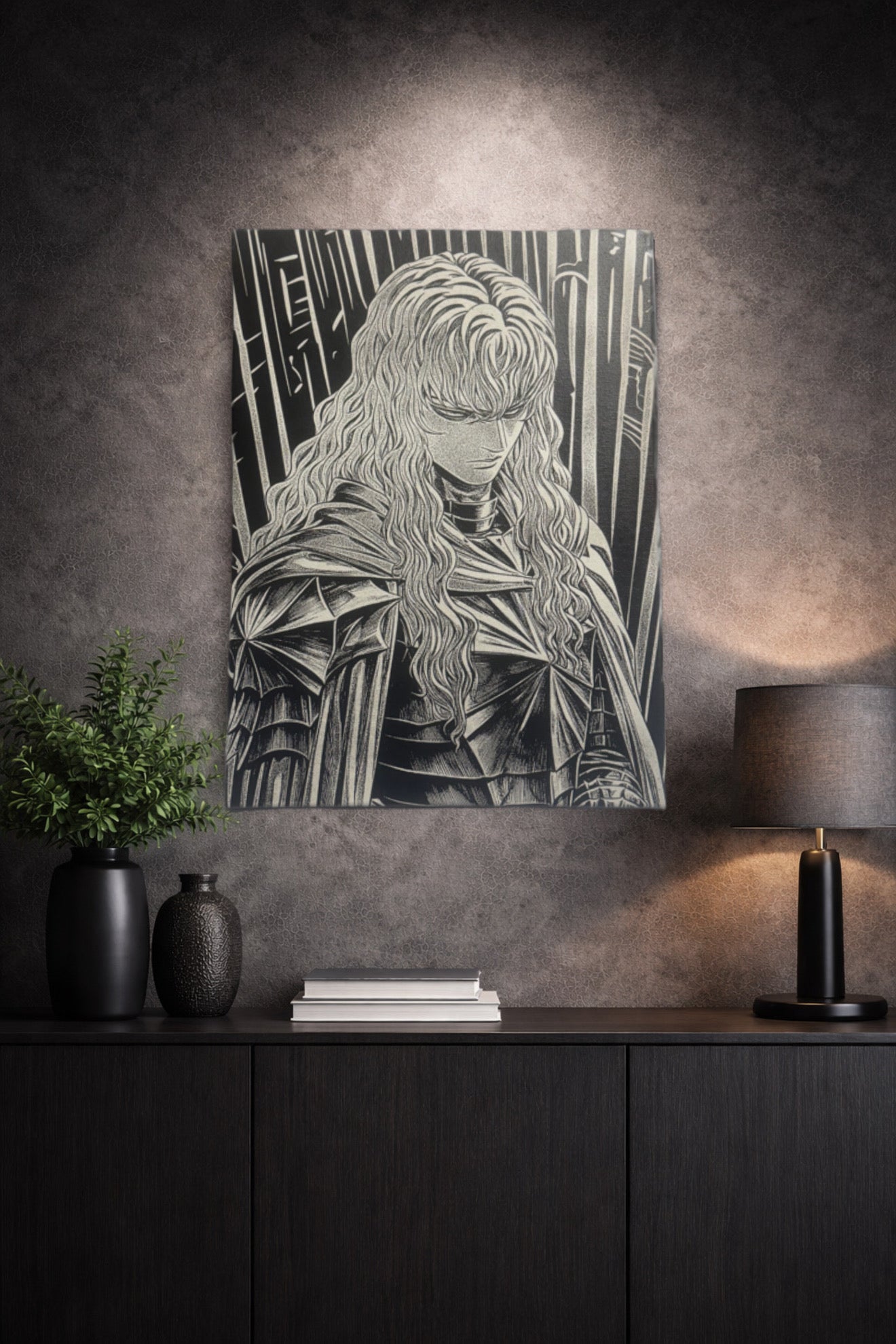 Toile manga noir et blanc tendue sur cadre en bois, portrait épique dark fantasy d’un chevalier solitaire
